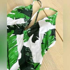 Tropical leaf plunge neck one piece with adjustable straps